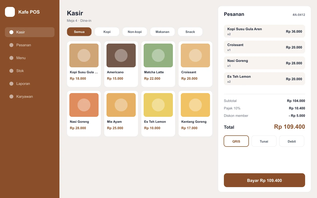 Café and restaurant POS: website view